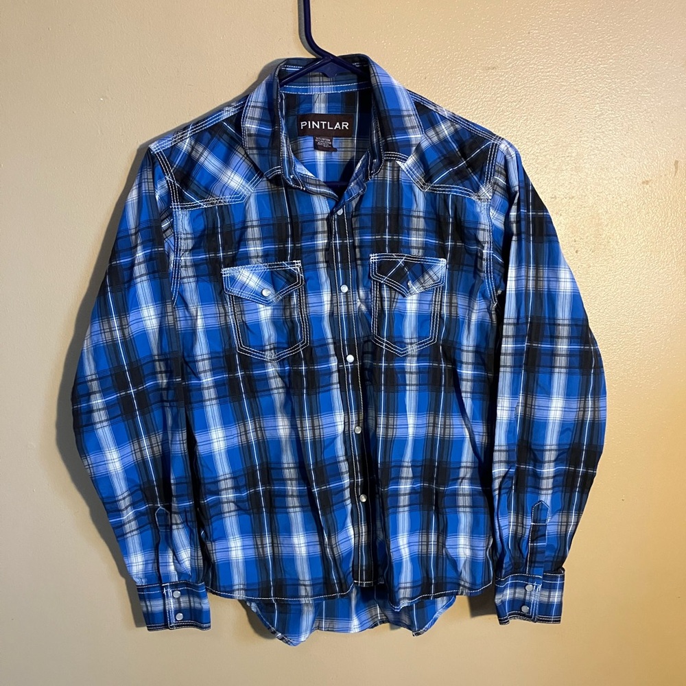 Pinter blue plaid button down shirt - size boys XL - color blue